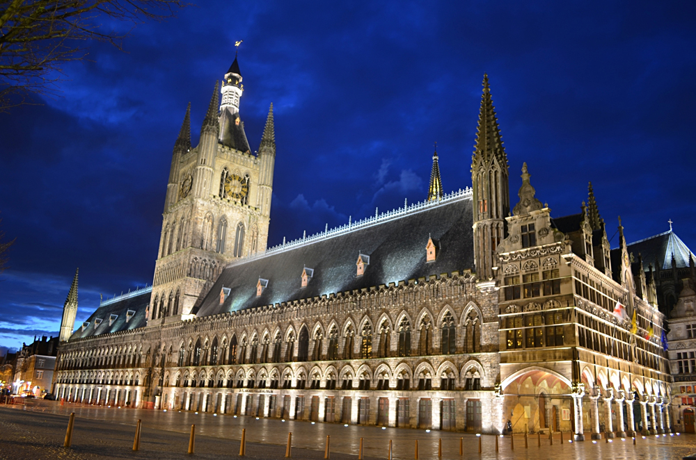 Lakenhalle or Cloth Hall in Ypres at Night, Belgium