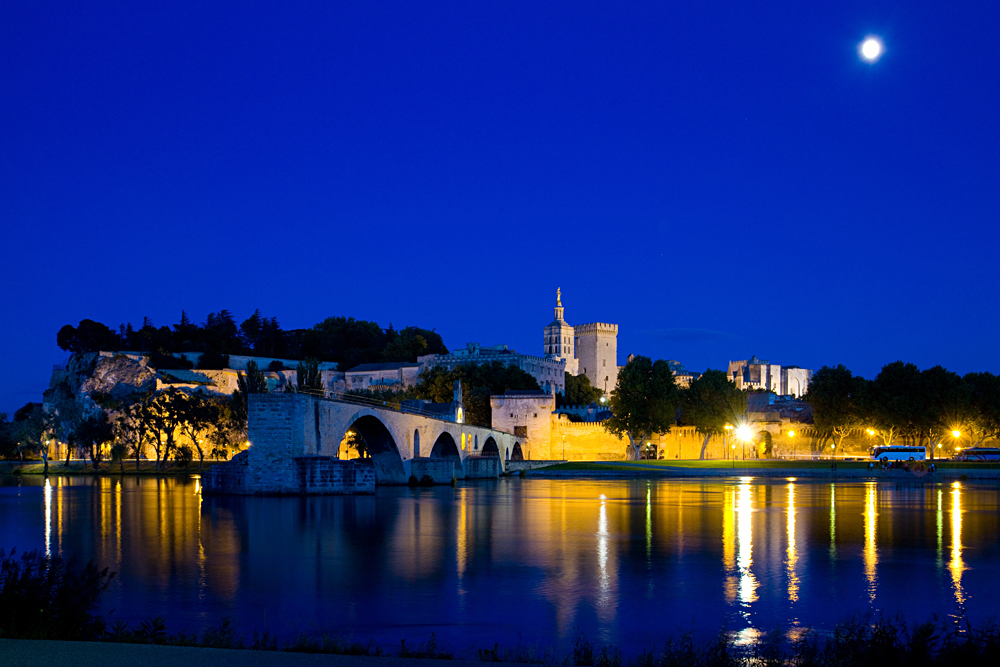 Panoramic view of Avignon Papal Palace (Palais des Papes) and Bridge at night, Avignon, France
