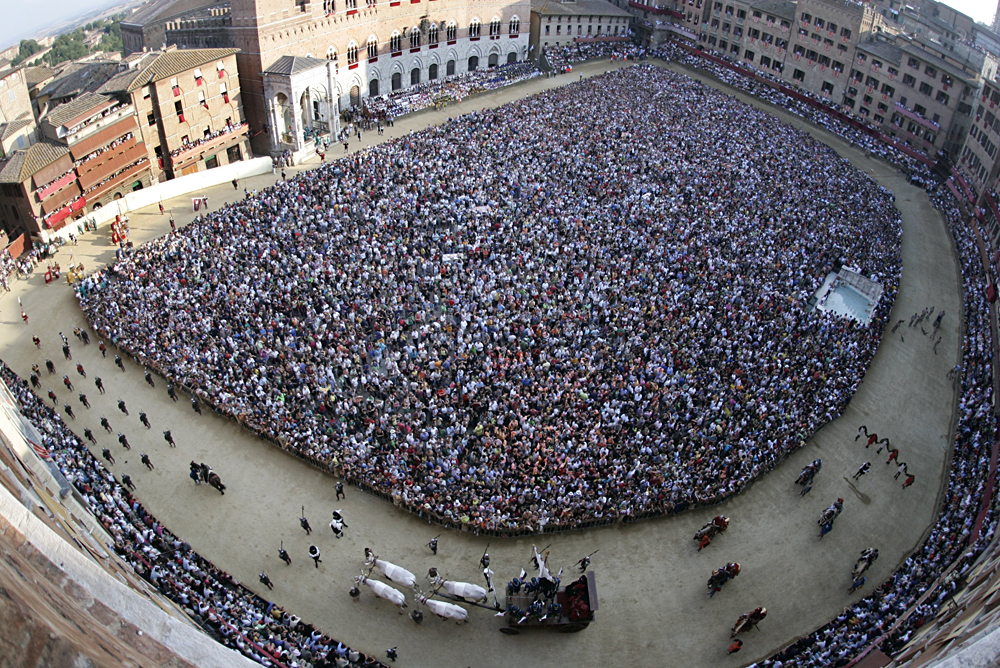 Panoramic view of Piazza del Campo during the Palio of Siena, Italy