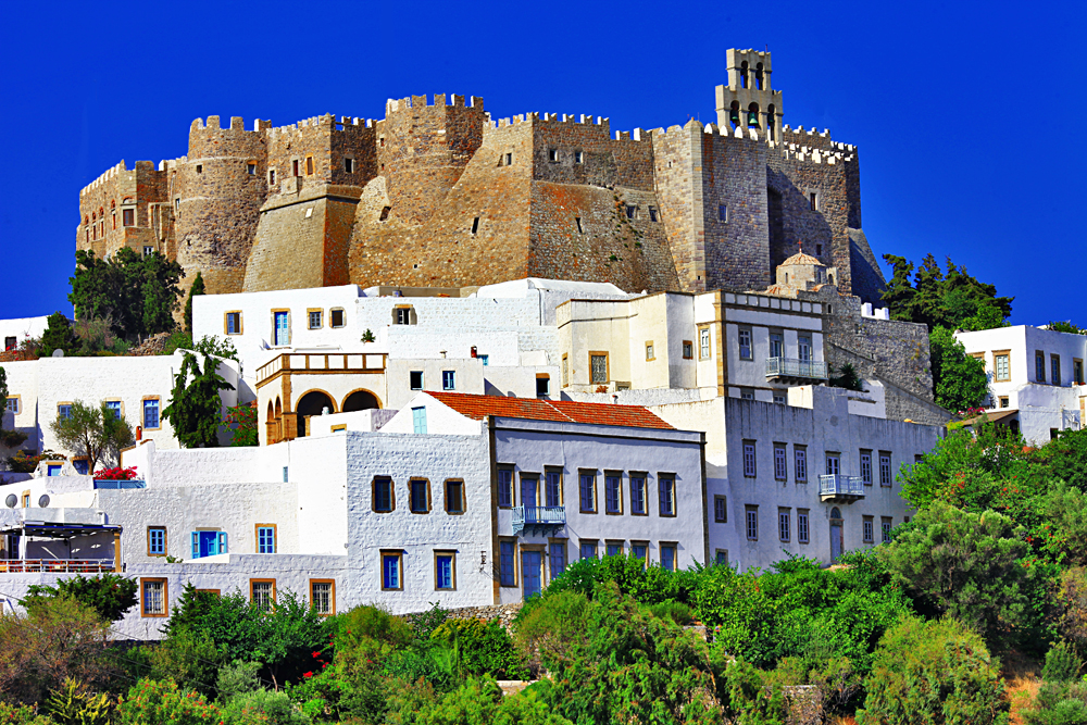 View of Monastery of St John in Patmos Island, Greece