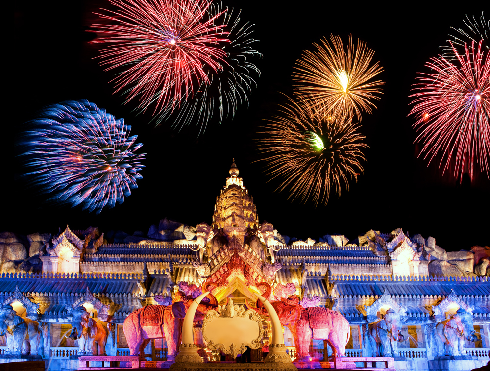 Fireworks at Palace of the Elephants at Phuket FantaSea, Phuket, Thailand