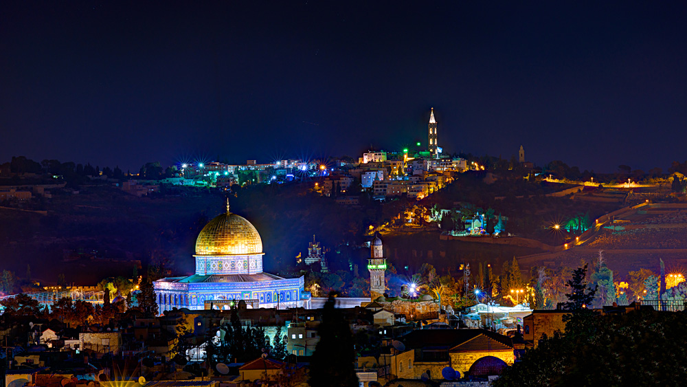 Jerusalem at night with the Al-Aqsa Mosque and the Mount of Olives, Israel