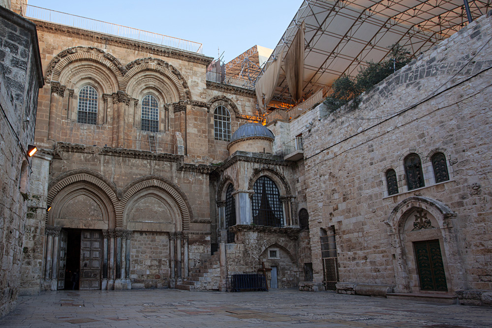Main entrance at the Church of the Holy Sepulchre in Old City of Jerusalem, Israel