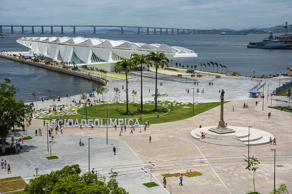 Maua Square and Museum of Tomorrow seen from terrace of MAR (Rio's Art Museum) in Rio de Janeiro, Brazil