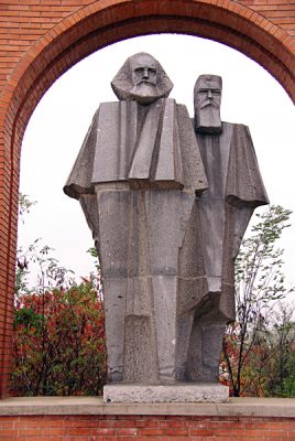Statue of Karl Marx and Friedrich Engels in Memento Park in Budapest, Hungary