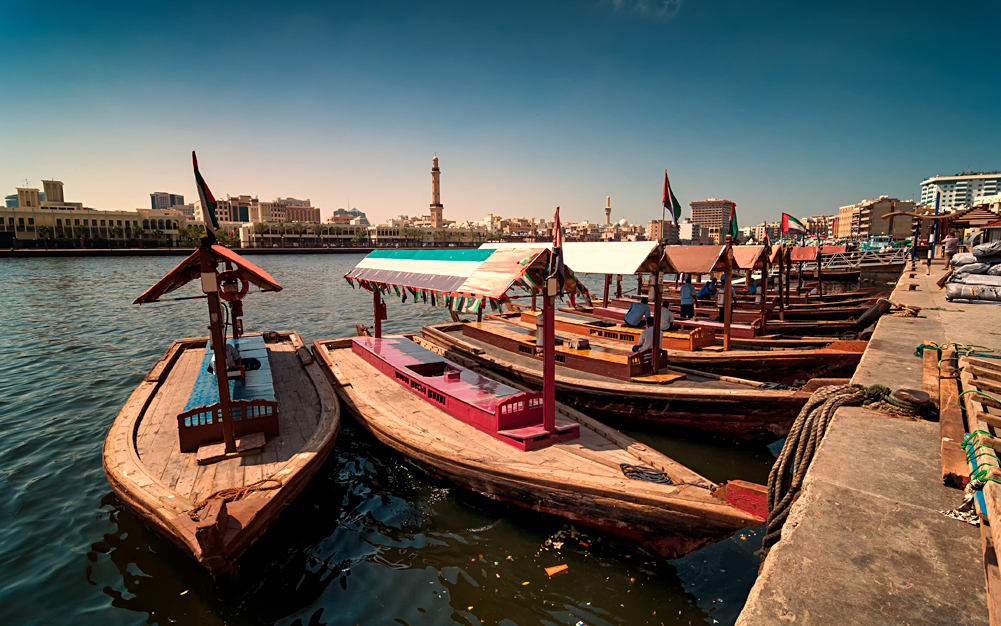 Traditional Abra taxi boats in Dubai Creek, Dubai Deira, United Arab Emirates (UAE)