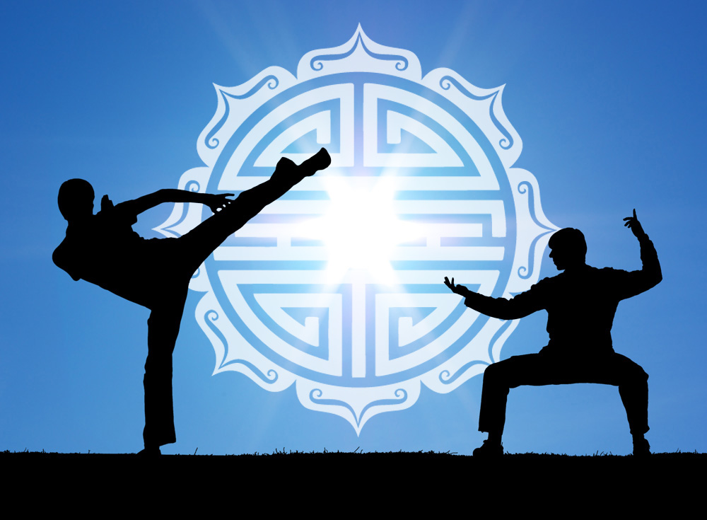 Two martial arts warrior silhouettes on the sun background with Shou Symbol