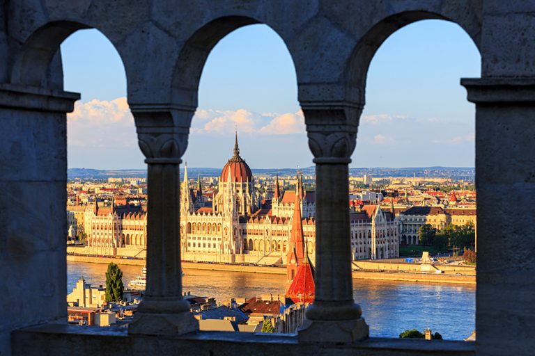 View from Fisherman's Bastion of the Danube and Hungarian Parliament Buildings, Budapest, Hungary