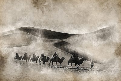 Vintage background image of Silk Road Traders on Camel in China