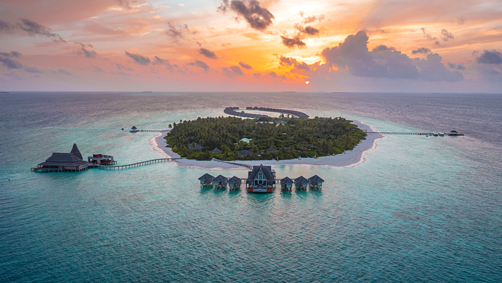 Anantara Kihavah Maldives Villas - Aerial View of Baa Atoll Island Sunset