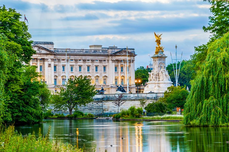 Buckingham Palace seen from St. James Park in London, England, UK (United Kingdom)