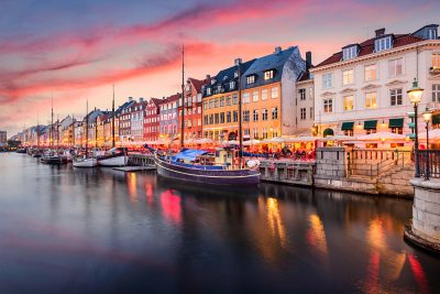 Nyhavn Canal at sunset, Copenhagen, Denmark