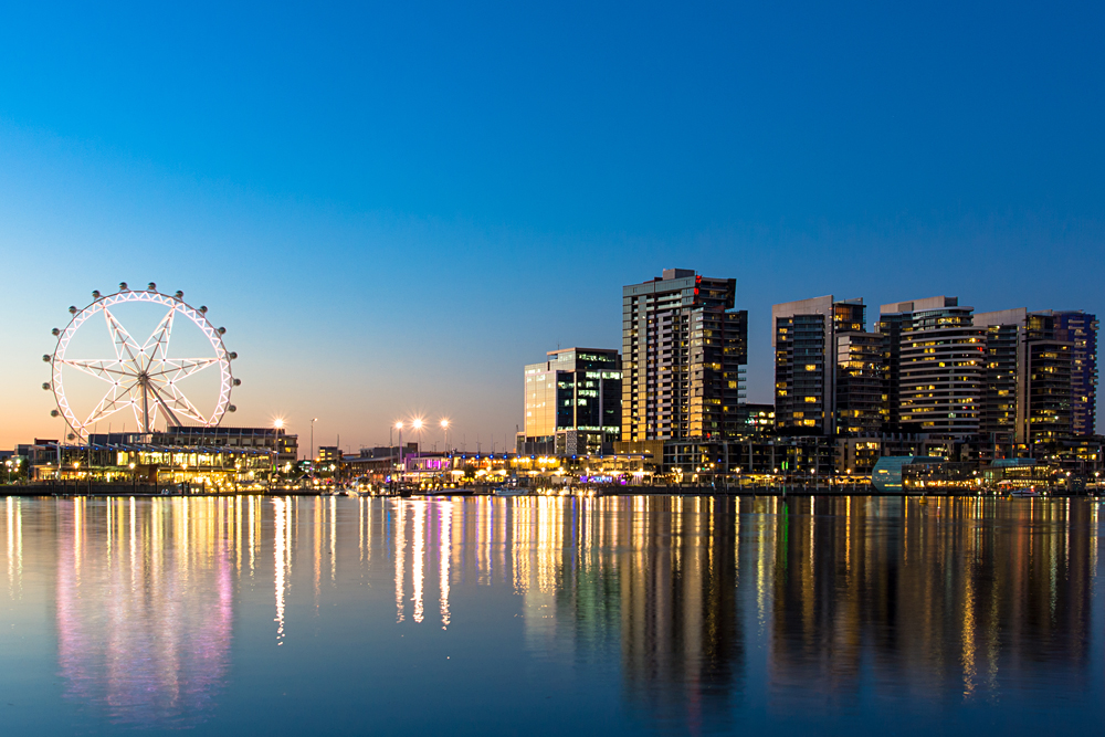 The Docklands waterfront of Melbourne at night, Victoria, Australia