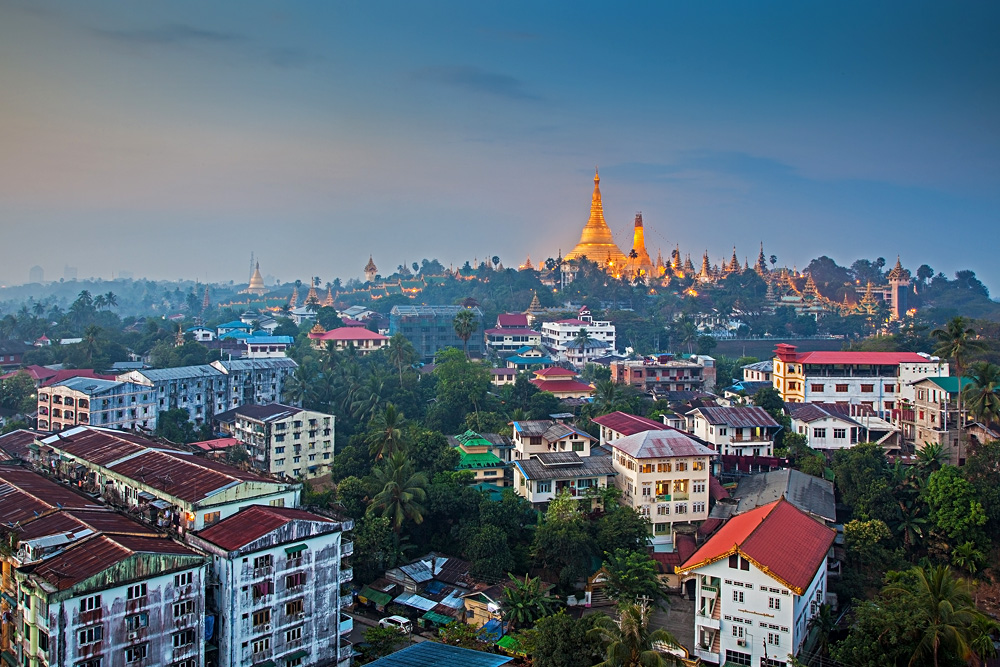 View at dawn of the Shwedagon Pagoda and Yangon, Myanmar