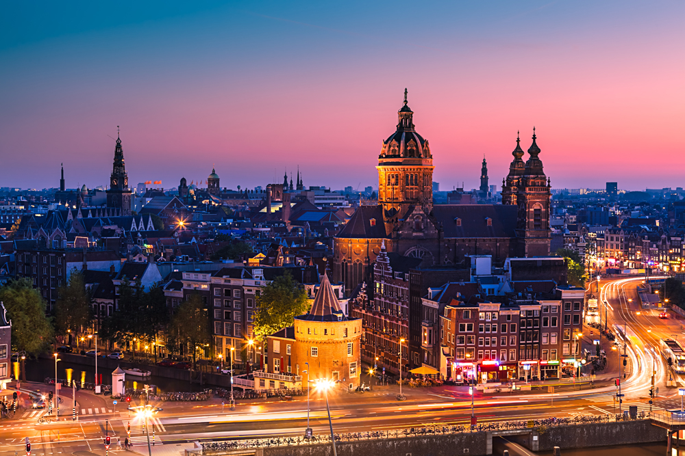 Amsterdam skyline shortly after sunset, the Netherlands