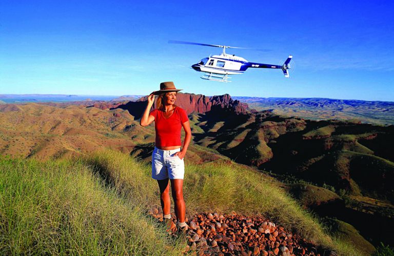 Hiking and Helicopter, with Ragged Range in the Background in the East Kimberley, Credit Tourism Western Australia