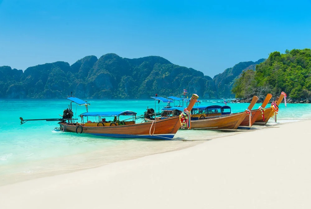 Longtail boats at Long Beach or Had Yao beach, Phi Phi Island, Krabi Province, Thailand