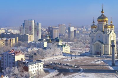 Winter morning frost with view of The Transfiguration Cathedral in Khabarovsk, Russia