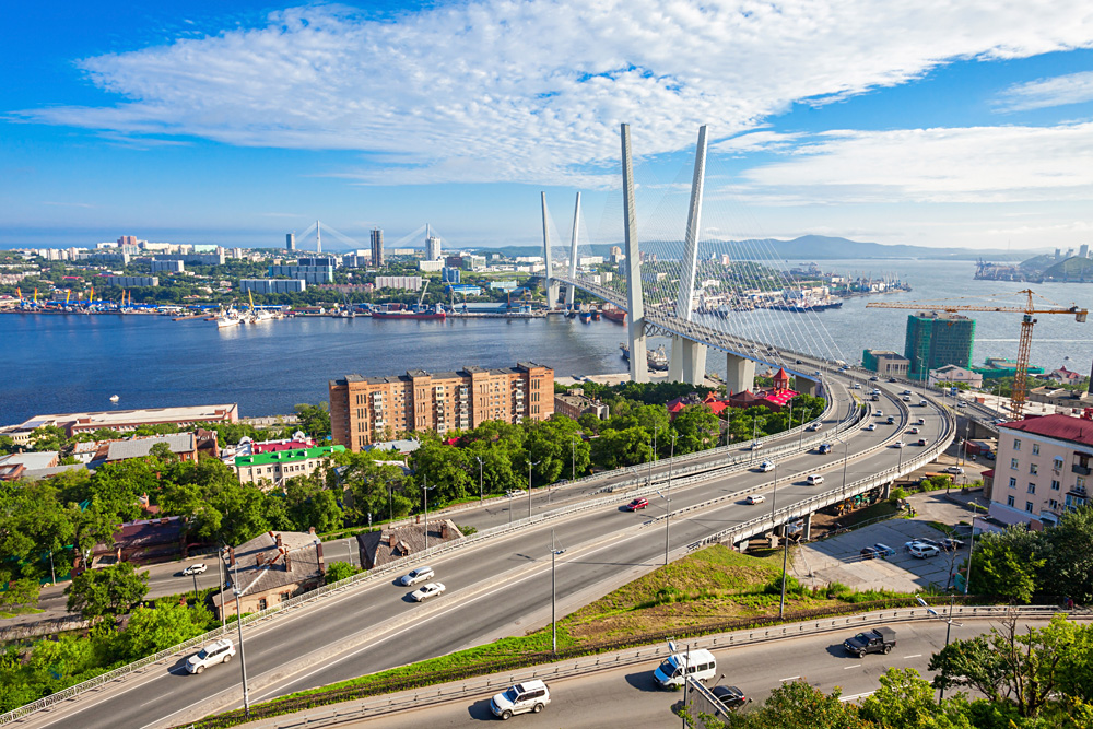 Zolotoy Golden Bridge across the Zolotoy Rog (Golden Horn) in Vladivostok, Russia