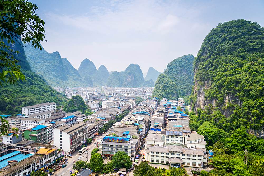 Aerial view of city of Yangshuo, Guilin, China
