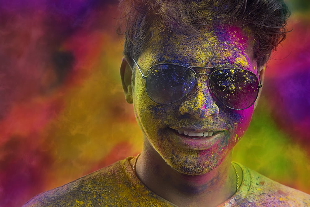Close Up of Colourful Man Celebrating Holi, India