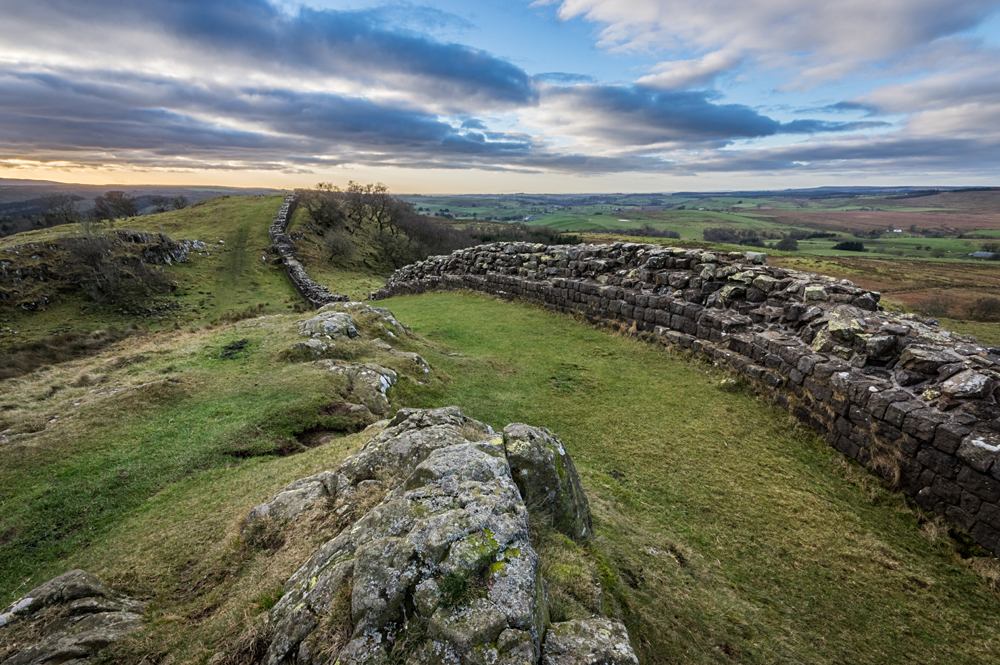 Hadrian's Wall high up on the Whin Sill in Northumberland at Walltown Crags, England, UK (United Kingdom)