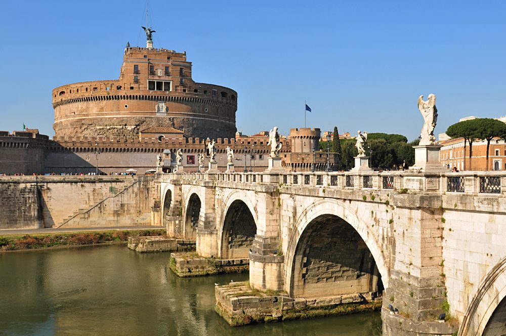 Historical buildings and bridge by the river Tibre in Prati district of Rome, Italy