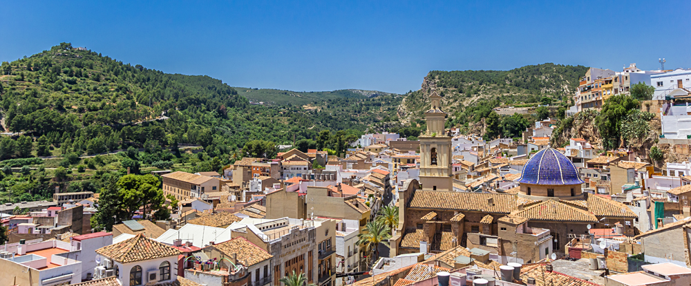 Panorama of the old town of Bunol and the surrounding mountains, Spain