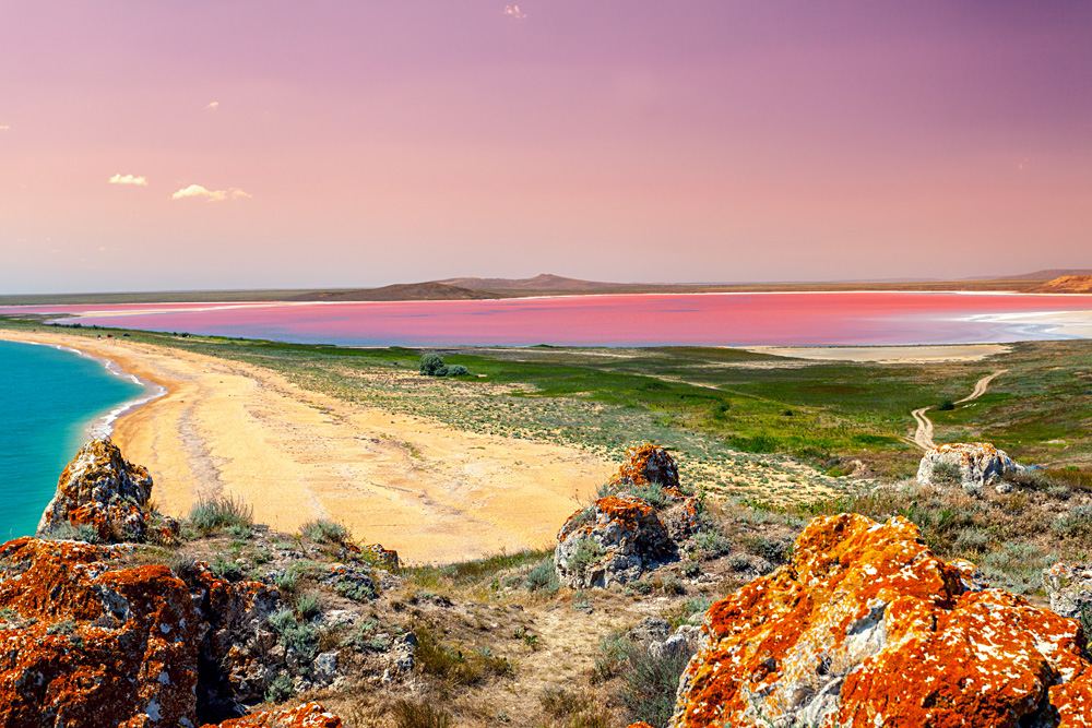Panoramic view at Pink Lake at sunset, Western Australia, Australia
