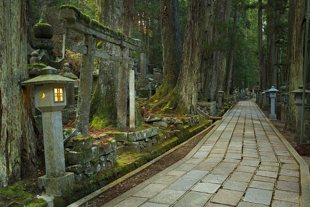 Path through the Okunoin Ancient Buddhist Cemetery in Koyasan, Japan