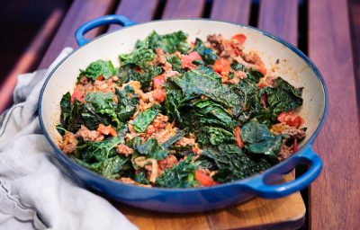 Sukuma Wiki - Kale Greens Wilted with Ground Beef and Tomatoes, Kenya