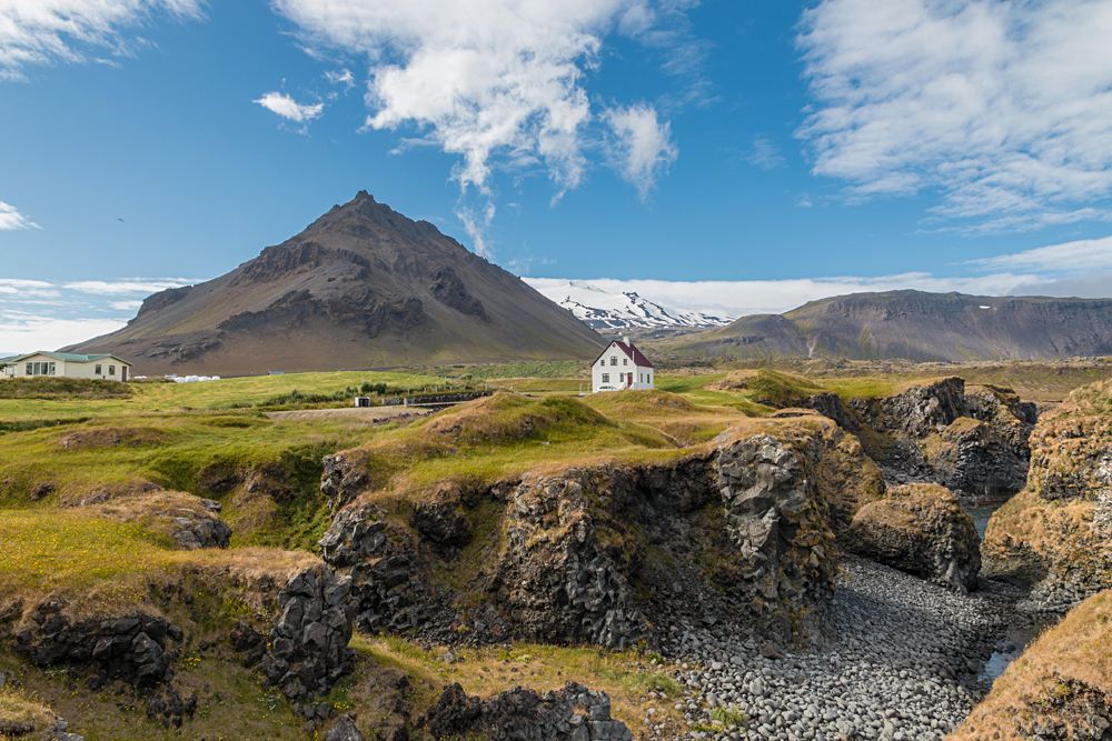 Famous building under the Snaefellsjokull volcano and glacier in Arnarstapi, Snaefellsnes Peninsula, Iceland