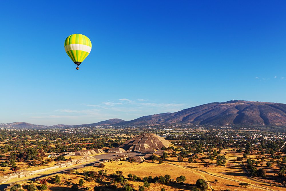 Hot Air Balloon Over Pyramid of the Sun in Teotihuacan, Mexico