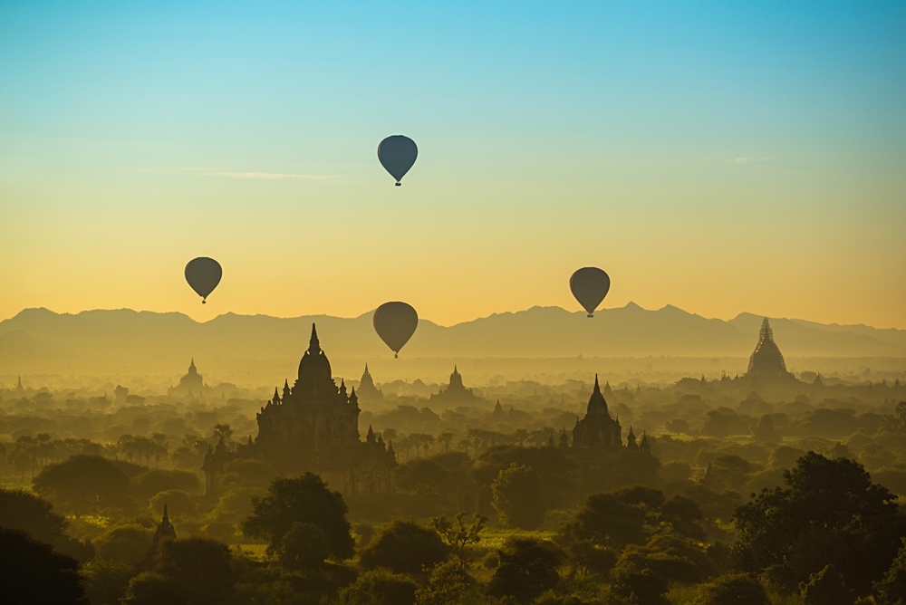 Hot Air Balloons over Pagodas in Bagan in the Morning, Myanmar