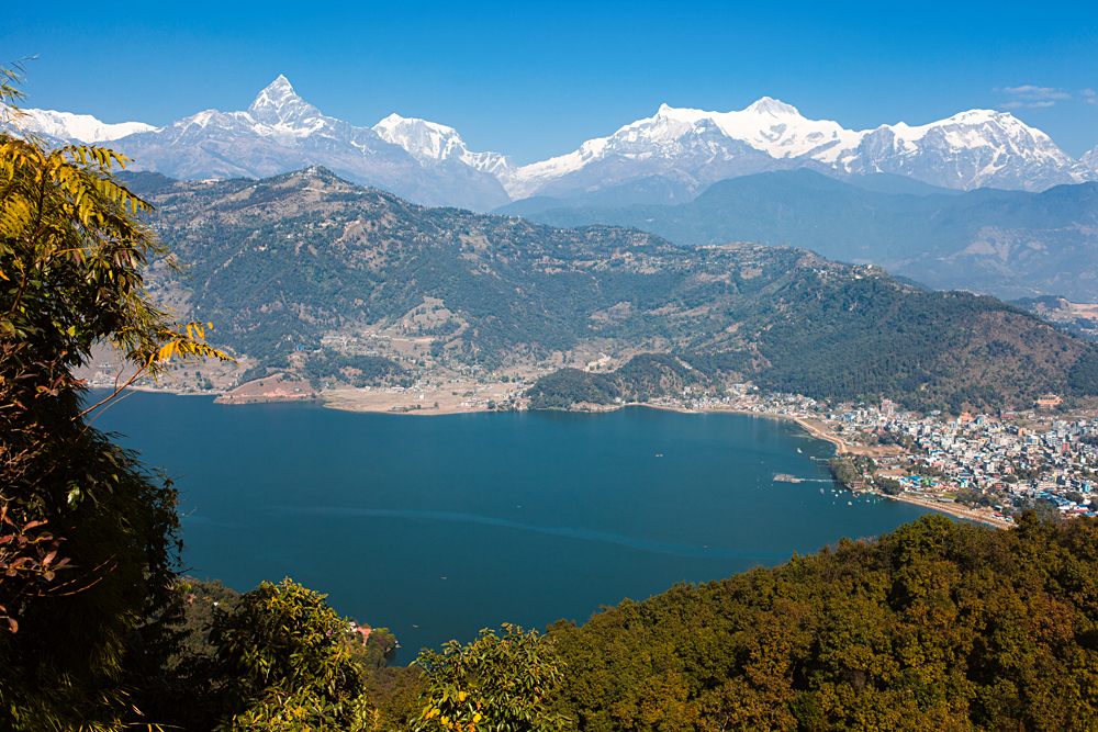 Phewa Lake and Annapurna mountain range from World Peace Pagoda in Pokhara, Nepal