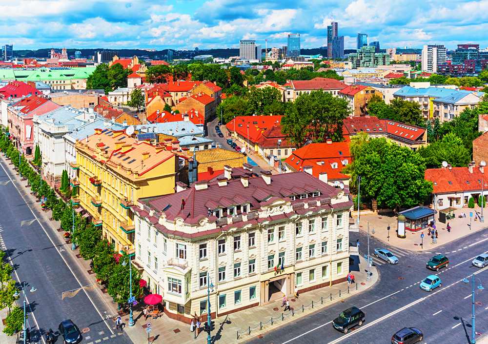 Scenic summer aerial view of the Old Town architecture buildings in Vilnius, Lithuania