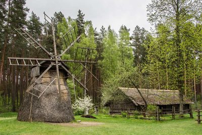 Traditional wooden windmill in Ethnographic Open-Air Museum in Riga, Latvia