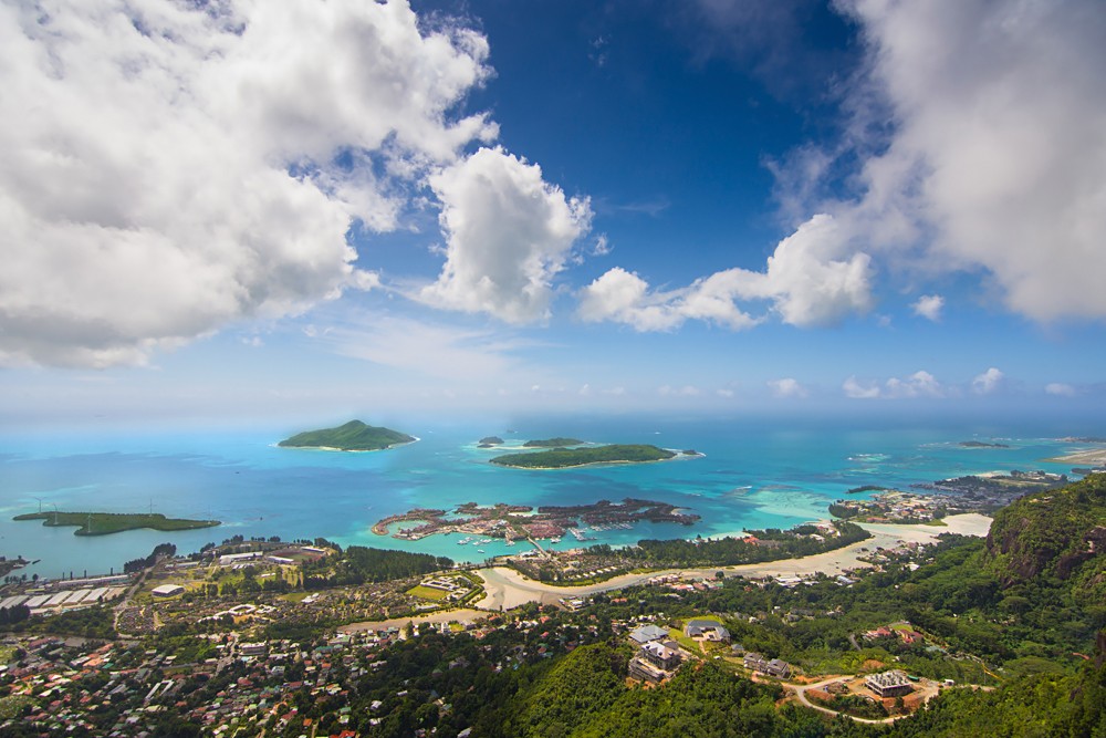 View from top of Mahe Island while hiking Copolia Trail, Seychelles Islands