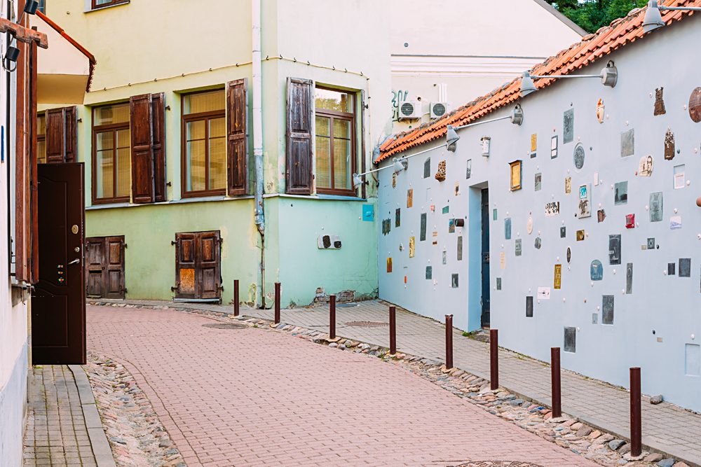 Wall C of Literatu Street, one of the oldest streets in the Old Town of Vilnius, Lithuania