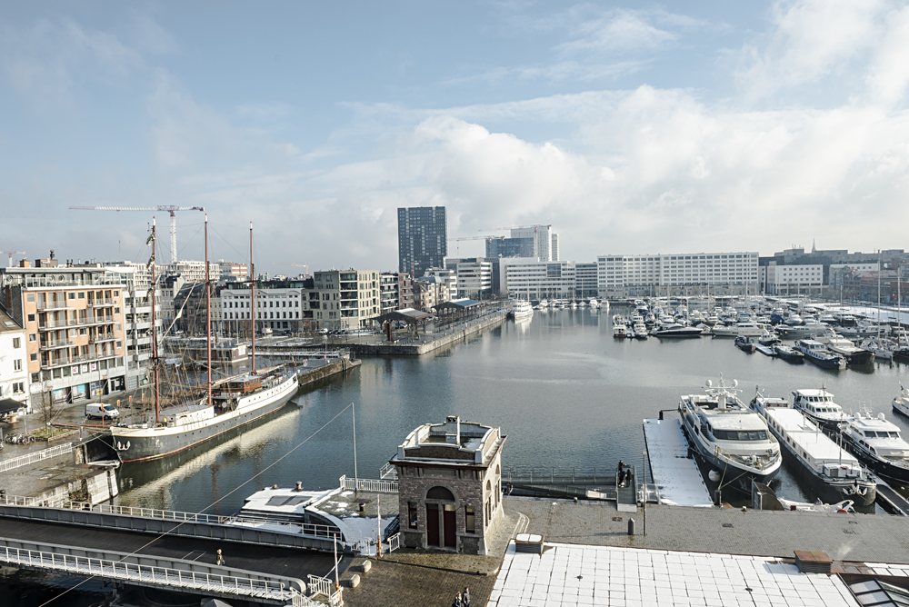 Aerial view of Antwerp harbor from museum MAS roof terrace, Belgium
