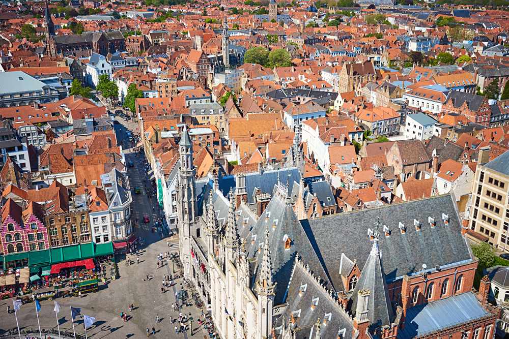 Aerial view of Big Market Square and Stadhuis, Bruges, Belgium