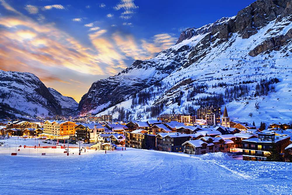 Val d'Isere at sunset, Tarentaise Valley, French Alps, France