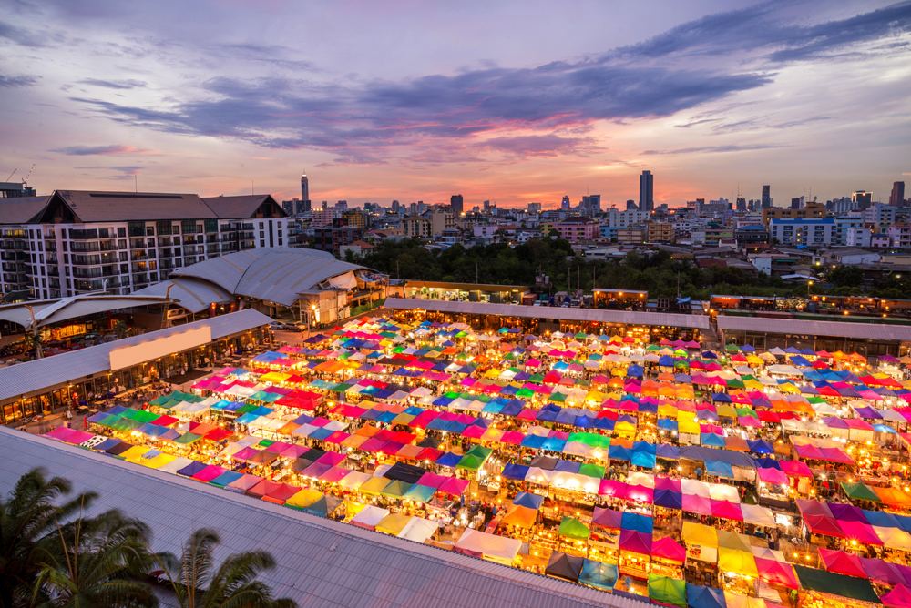 View of Chatujak Weekend Market rooftops, Bangkok, Thailand