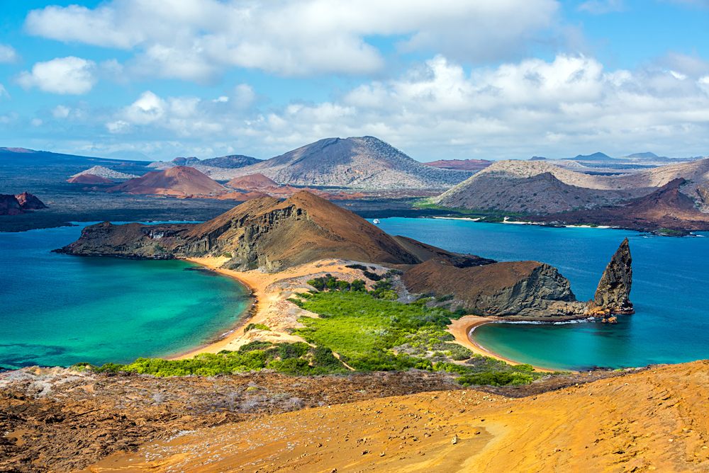 View of two beaches on Bartolome Island in the Galapagos Islands, Ecuador