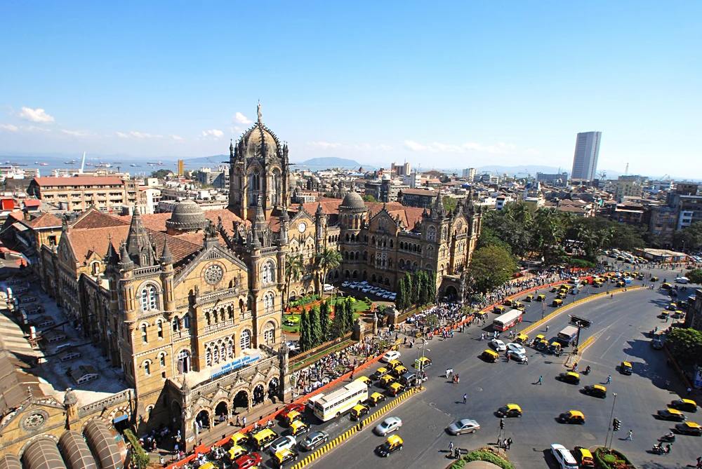 Aerial view of Chatrapati Shivaji Terminus formerly Victoria Terminus, headquarters for India's Central Rail, Mumbai, India