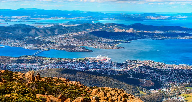 Aerial view of Hobart City and its vicinity from the Mount Wellington peak, Tasmania, Australia