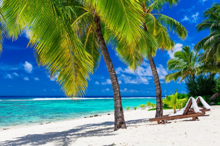 Beach beds under coconut palm trees with an ocean view, Rarotonga, Cook Islands
