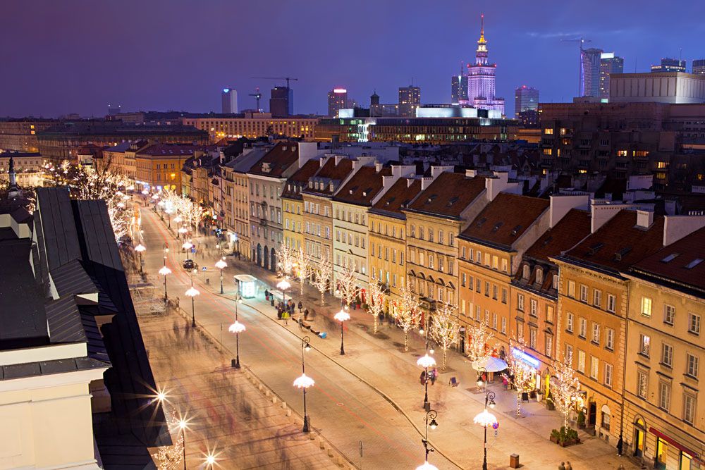 Krakowskie Przedmiescie street at night, part of the Royal Route in the city of Warsaw, Poland