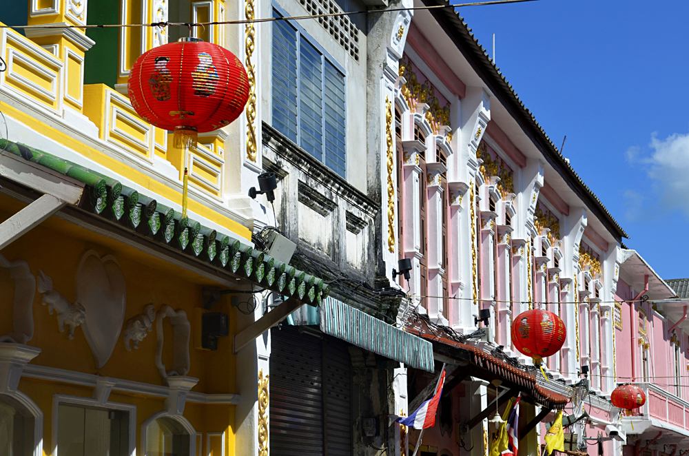 Multicolored Sino-Portuguese facades in Soi Romanee, in Phuket Old Town, Thailand