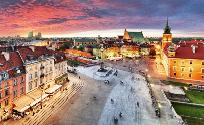 Royal Castle and old town at sunset, Warsaw, Poland